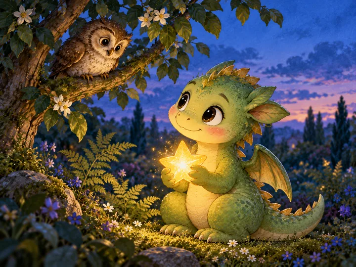 Um pequeno dragão segura uma estrela luminosa e olha para a coruja no galho, antes de escolher como ajudar.